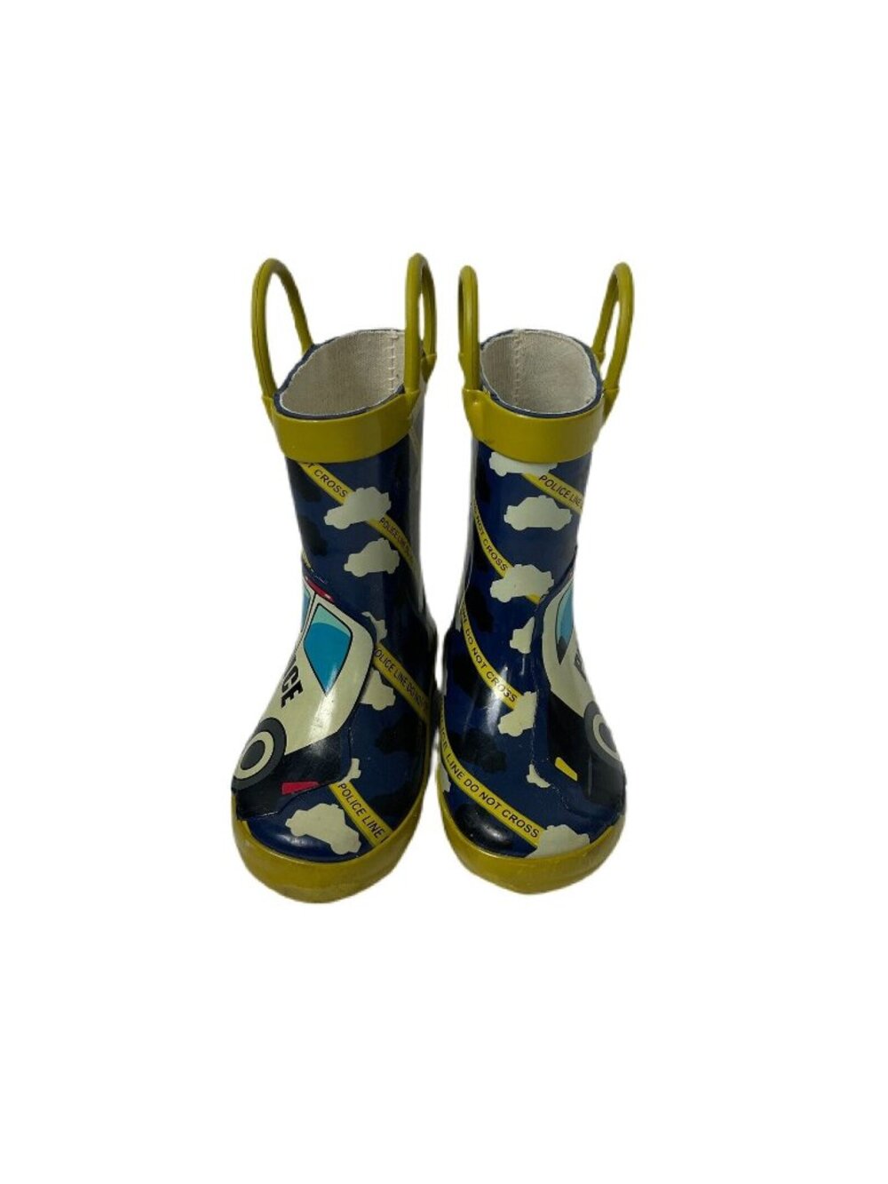 Kids Rain Boots Police Car Pattern Blue/Yellow Pull-On Handles Rubber Size 5